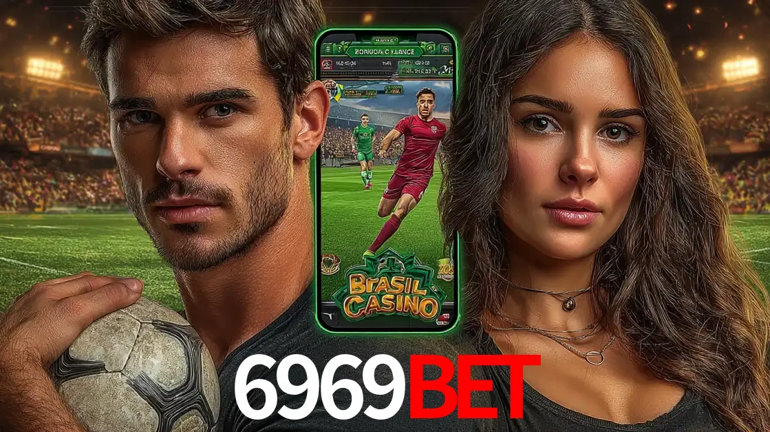 Homem segurando uma bola de futebol e uma mulher ao lado de um smartphone exibindo o jogo de apostas esportivas da 6969BET. Faça seu palpite no cassino online.